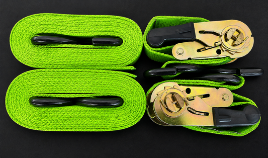 Two bright green flat webbing straps with black plastic handles
